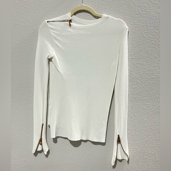 Ribbed Ivory/White Gold Zipper Top Size Small - Picture 2 of 10